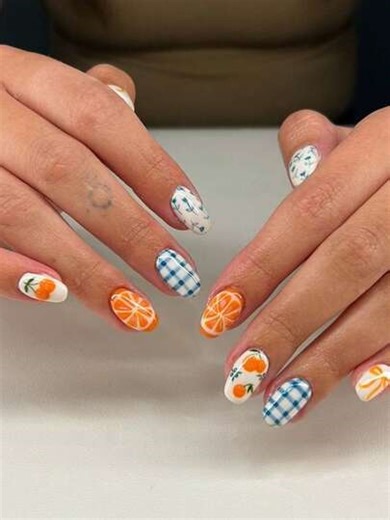 24pcs Oval Nail Stickers Set - Orange, Lemon Yellow, Bow, Blue Grid, Floral Pattern Design. Oval Nail Art. This Versatile Artificial Nails Are Suitable For Women And Young Girls. The Nail Designs Are Suitable For All Seasons (Spring, Summer, Autumn, Winter), Suitable For Parties, Dates And Daily Office Occasions. Nail Care Products, Nail Art, Acrylic Nail Kit. | SHEIN
