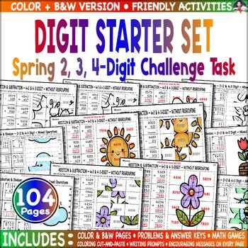 Spring Arithmetic 2, 3, 4-Digit Mental Math Workbook Mystery Cut Paste Game