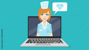 Cartoon style, colorful animation of online medical consultations. Happy red hair nurse is talking on a laptop screen. Animation is in easy to edit loop. Stock Video