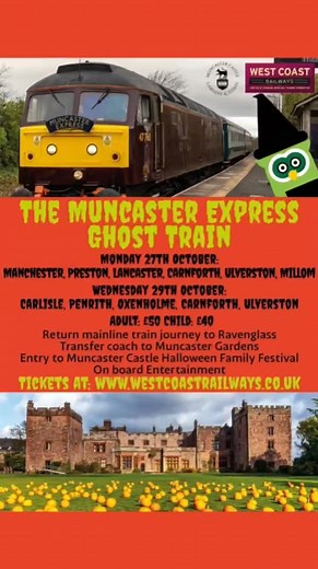 We’re so excited that The Muncaster Express will be calling at Manchester Victoria, Preston, and Lancaster for the very first time this year! We’d love your help spreading the word to friends, family, and Halloween fans in these areas by sharing this post. The journey is all part of the adventure! Unfortunately, it is not possible to offer services from Whitehaven, Workington, or Barrow this year – but we hope to bring the train to those stations in the future too. More info and tickets at: http
