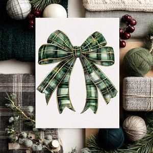 Green Christmas Bow PNG | Tartan Plaid Ribbon | Festive Watercolor Clip Art - Etsy