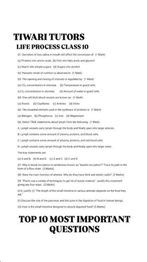 Top 10 most important questions Life process class 10 || cbse 🎯 || #top10