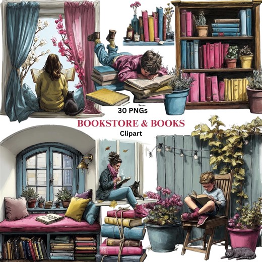 30 Bookstore & Books, Cozy Reading Clipart High Resolution Pngs: Digital Graphics - Etsy