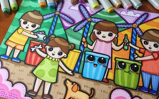 ▶简笔儿童画手绘：垃圾分类，从我做起