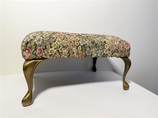 Vintage Floral Upholstered Footstool | Queen Anne Brass Legs | Needlepoint Style Decorative Stool - Etsy