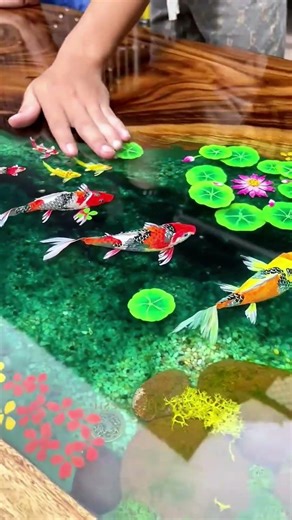 Handmade Koi Fish & Lily Pad Resin Table #epoxy #resin #resintable #epoxytable #rivertable