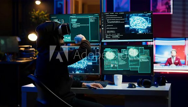 Hacker using virtual reality headset to code malware exploiting network backdoors, bypassing security measures such as logins and password protections using futuristic VR goggles tech, camera A