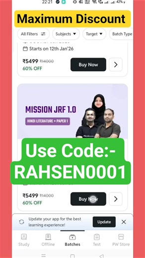 mission jrf 1.0 batch hindi literature || pw batch maximum Discount Coupon code