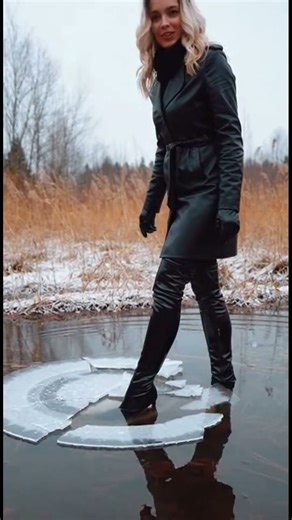 AI Blonde Woman Breaks Ice Into Puddle in Leather Overknee Heels ❄️💦 #boots #highheels #water #ai
