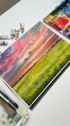 Join me on Skillshare ⬇️ #watercolortutorial #watercolorsunset #watercolorpainting #watercolor