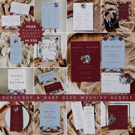 Burgundy and Blue Wedding Invitation Suite Template Printable Floral Wedding Bundle Editable Invite Set Instant Download - Etsy