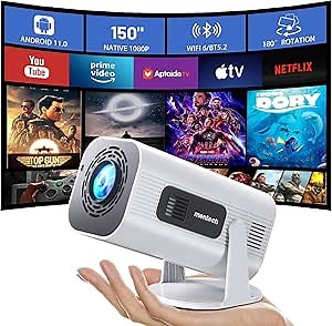 Mini Projector with WiFi and Bluetooth, 180°Adjustable Stand Smart Projector, 150" Portable Projector with Android TV 11.0, 2.4G/5G, Native 1080P, 300 ANSI Auto Keyston Outdoor/Home Movie, White