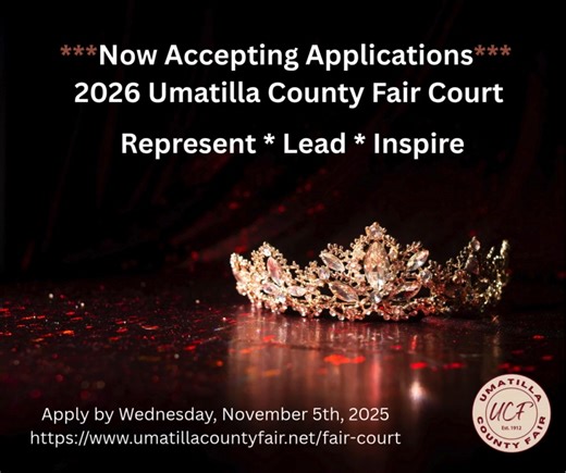 👑 DEADLINE EXTENDED! Don't Miss Your Chance! 👑 🚨 BIG NEWS! Your shot at being part of the 2026 Umatilla County Fair Court has been extended! 🚨 We're still looking for enthusiastic, community-focused individuals who want to represent the Umatilla County Fair throughout the year. If you're ready to build leadership skills, make lasting memories, and be part of a proud tradition—this is YOUR moment! 🗓️ NEW APPLICATION DEADLINE: Wednesday, November 5th! 🔗 Application details at umatillacountyf