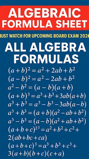 Algebraic Formula Sheet || Quick Revision for Board Exam 2026 #shorts #ytshorts #maths #algebra