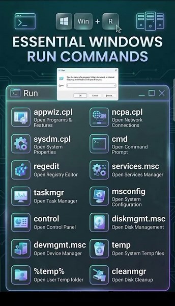 Essential Windows Run Commands You Must Know! 🔥 Press Win R and unlock powerful tools instantly! 🚀 These commands can save you time and make you work like a pro 👇 💡 Top Run Commands: 🔹 cmd – Open Command Prompt 🔹 taskmgr – Open Task Manager 🔹 control – Open Control Panel 🔹 msconfig – System Configuration 🔹 services.msc – Manage services 🔹 devmgmt.msc – Device Manager 🔹 appwiz.cpl – Programs & Features ⚡ One shortcut = total control of your PC! 👉 Save this post 💾 👉 Share with friend