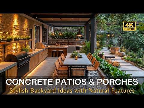 Modern Concrete Patios & Porches: Stylish Backyard Ideas with Natural Stone, Wood and Water Features