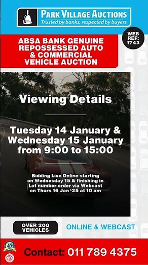 ABSA Webcast Auction: Repossessed Autos in PE & Bloem, 15–16 January