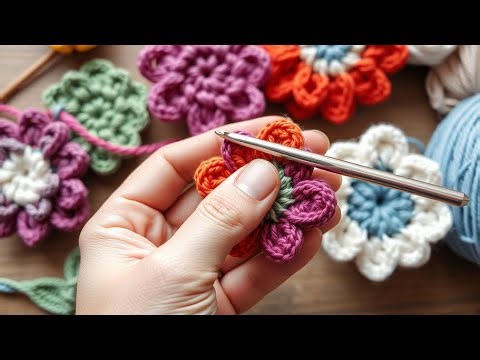 BEGINNER CROCHET FLOWERS 😍” in cursive white with shadow, subtitle “NO EXPERIENCE NEEDED 