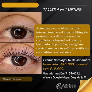 Si te gustaría certificarte, aprender y actualizarte con lo último a nivel internacional sobre el lifting, bótox y laminado de pestañas🤩👑🌟 🌟No necesitás conocimiento previo, empezamos desde lo más básico hasta lo más avanzado del procedimiento, en nuestro Centro Académico contamos con lo último en actualización internacional en lifting y extensión de pestañas, este taller es intensivo de 1 día ya que su aplicación es 100% práctica, de 9am a 4pm, este domingo 10 de setiembre, te dejamos 3 opc