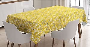 Ambesonne Cherry Blossom Tablecloth, Naive Spring Floral Design of Cherry Flowers and Floating Petals, Rectangle Satin Table Cover Accent for Dining Room and Kitchen, 52" X 70", Yellow White Black