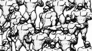 Seamless animation of a group of dancing muscular men with swimming trunk. Funny summer background cartoon hand drawn style in black and white