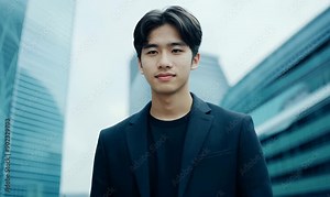 young chinese man in front of a modern building (shallow DOF)