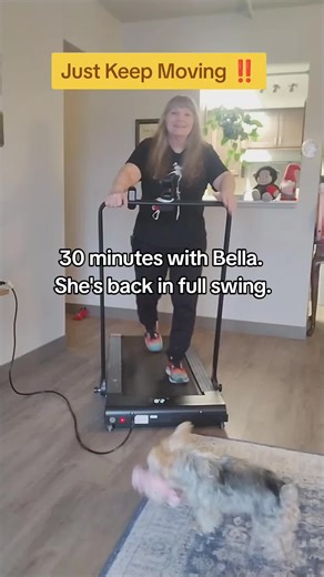 Just Keep Moving ‼️ 30 minutes with Bella. She's back in full swing. #followme #justkeepmoving #treadmillworkout #mybella #bellastime