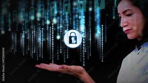Holding out hand, woman with digital locks and binary code, data security animation