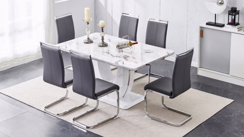 Sumdeal Modern Marble Dining Table Set for 6, 7 Piece 63inch White Faux Marble Table and High Back Upholstered Chairs Set 6 for Kitchen, Living Room, Dining Room,Gray