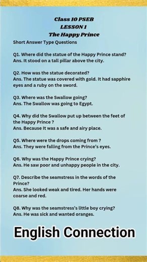 The Happy Prince Questions Summary & Q&A | Lesson 1 | PSEB Class 10 | main course book #shortsfeed