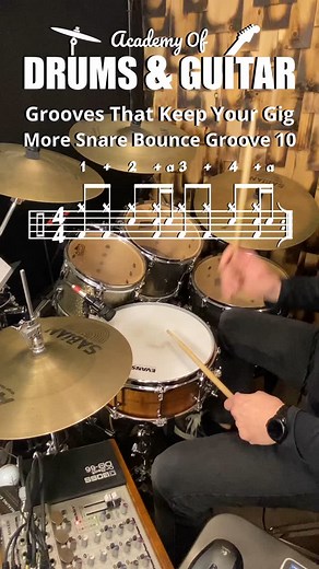 Let's learn More Snare Bounce Groove 10. If we add the Upbeat and Skip Note together, we create the Bounce pattern. It sounds like a ball bouncing. Remember to go slow at first. With practice, you will have a smooth flow to the groove, creating a solid foundation. Always work on keeping a steady tempo. The other musicians will love you for it. You will use this throughout the entire gig. #moresnarebouncegroove10 #learndrums #drumgroove #groovesthatkeepyourgig #drumology #academyofdrumsandguitar 