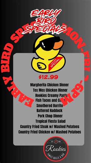 Early bird specials served Monday to Friday 3-6pm | Rookies Family Grille and Bar | Facebook