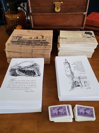 Always leave a paper trail. Stacks of lovely paper goods... so satisfying. The Prose & Post Society is a monthly mail club for readers and curious souls. Each envelope includes two original 5×7 art prints (vintage artwork literary quotes), a letter personalized with your name written by hand in calligraphy, and thoughtful extras designed around that month’s theme. For March, that includes a postcard to keep or send, a commemorative railroad stamp sticker, and an authentic vintage railway ticket.