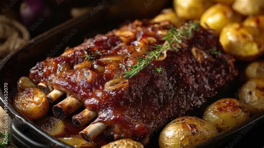 Tender ribs slathered in barbecue sauce and served with perfectly roasted potatoes on a rustic dining table.
