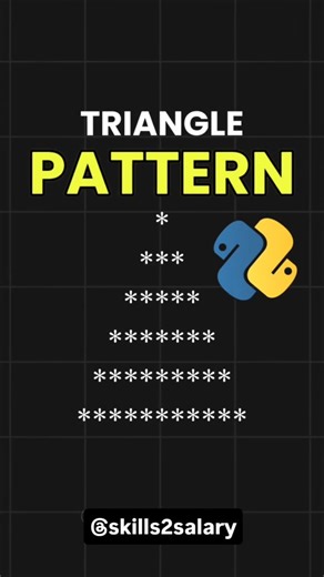skills2salary on Instagram: "This Python pattern question appears in almost every interview 👀 Triangle patterns are one of the most asked beginner Python questions 💻 This simple trick helps you understand: ✅ Loops ✅ String multiplication ✅ Pattern logic 📌 Master patterns → crack basics → build confidence 👉 Follow for daily Python tips & patterns #Python #PythonPatterns #LearnPython #Coding #Programming"