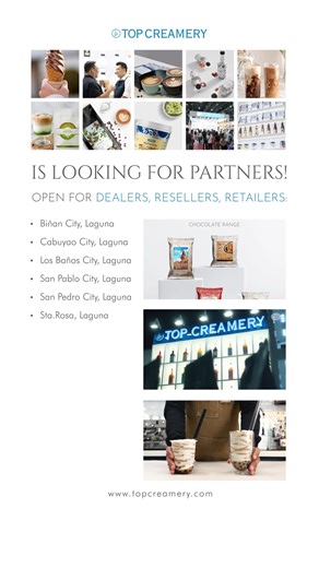 TOP Creamery is expanding, and we’re looking for passionate resellers, dealers, and distribution partners to bring our best-selling milk tea, coffee, and ice cream ingredients closer to more communities. If you're from any of these areas, this is your opportunity to grow with us: 📍 Laguna Locations • Biñan City • Cabuyao City • Los Baños City • San Pablo City • San Pedro City • Sta. Rosa City ✅ Tap into a growing market ✅ Get access to exclusive dealer support ✅ Be part of a leading local manuf