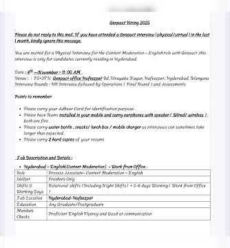 Genpact Interview Invitation – Process Associate (Content Moderation - English) | Physical Interview