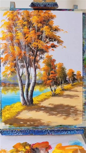 Acrylic Painting Process: Autumn Tree Line and River