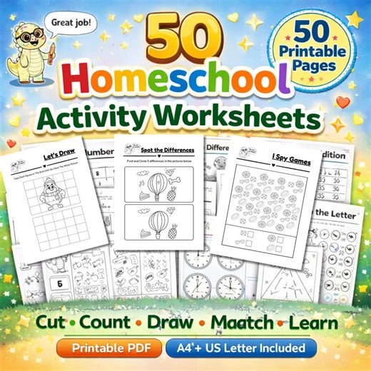 Homeschool Activity Worksheets for Kids | 50 Printable Learning Pages | Preschool Kindergarten Printable Activities | Homeschool PDF - Etsy