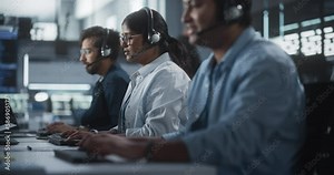 Indian Customer Support Team Using Computers and Talking with Clients Onlinel. Help Desk Employees Responds to Queries, Resolve Problems and Troubleshoot Issues, Implementing Solutions