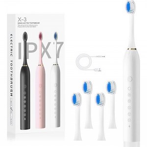 Electric Toothbrush, with 4 Brush Heads, 6 Cleaning Modes, High-Frequency Sonic Vibration, USB Rechargeable, Waterproof, White