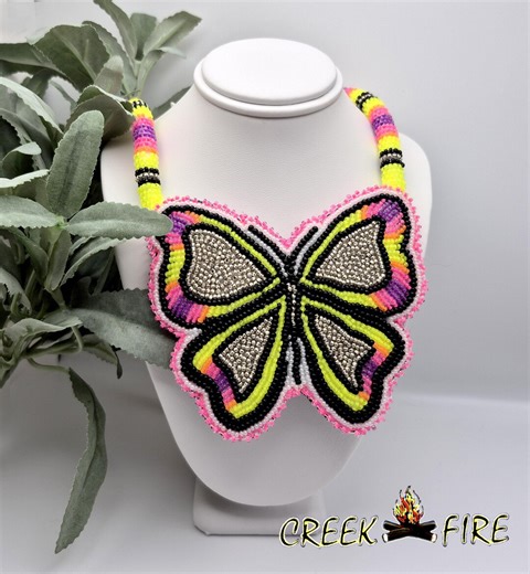 Authentic Native American Handmade Seed Beaded Rope Necklace Luminous Butterfly Medallion - Etsy