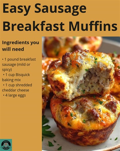 🧀 Easy Sausage Breakfast Muffins 🥚 Cheesy, hearty, and ready in minutes — these savory muffins make mornings easy and delicious! 💛 ✨ Main Ingredients: • Sausage • Bisquick mix • Cheddar cheese & eggs Full cozy breakfast recipe in C.o.m.m.e.n.t.s 💬👇 | Kinsley Recipes