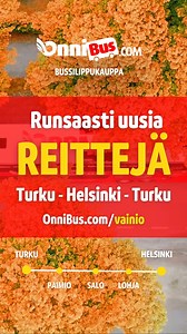 🎉 Nyt löydät runsaasti uusia reittivaihtoehtoja Turku - Helsinki -reitille. Voit nyt varata matkoja edullisesti Turusta, Paimiosta, Kaarinasta, Sammatista ja Salosta Helsingin sekä Espoon suuntaan. 🛫 Uusia ja toivottuja lentokenttäyhteyksiä Helsinki-Vantaan lentokentälle. 🚢 Tarjolla hyvät yhteydet Helsingin satamiin ja risteilyille: Katajanokka, Oympiaterminaali ja Länsisatama. 📅 Matkat ovat varattavissa heti! Matkustuspäivät ovat 1.10. – 29.12.2024. 🎫 Useille OnniBusin reiteille on tarjoll