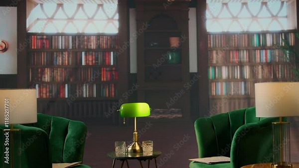 Cozy vintage library with green chairs and whiskey glasses create a classy setting, surrounded by wood bookshelves and warm light. Atmosphere of heritage, tradition and aristocracy.