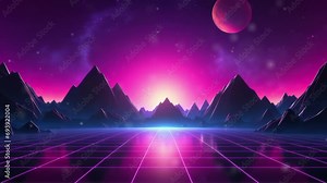 Synthwave tech Retrowave synthwave rave vapor party background with Technology - Seamless loop animation, created using AI Generative Technology