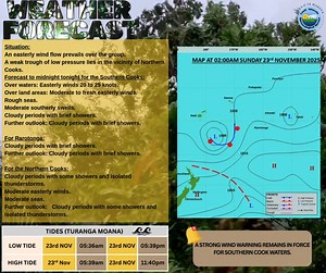 ~ The Ridiculously Simple Cook Islands Forecast! ~ The Current Mood: The Big Picture An Easterly Wind Flow is in charge. It's pushing everything from the right, like a very single-minded traffic cop. Up in the North, there's a "Trough of Low Pressure"—which sounds important, but is really just weather-speak for "a slightly wonky, weak cloud system that can't commit to being a full storm." Southern Cooks (AKA "The Rough Riders") 🌊 The Wind Situation: The easterly winds are having too much coffee