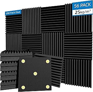 56 Pack Sound Proof Foam Panels |1"×12"×12" Quick-Recovery Soundproof Wall Panels | High Density Sound Dampening Panels for Home Studio |With Adhesive Stickers 280PCS (Black)