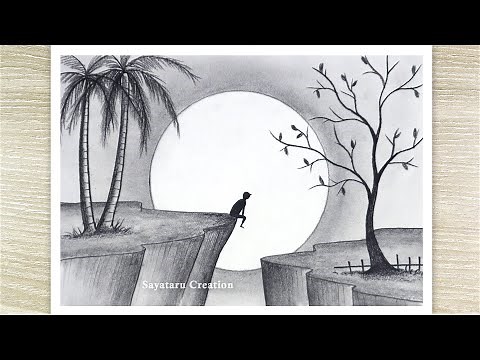 Sad boy Sitting alone drawing, Moonlight drawing with pencil for beginners