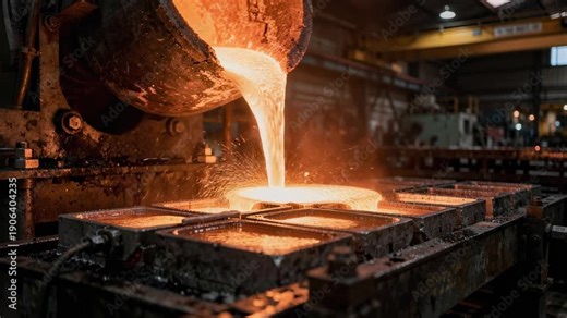 Industrial metal foundry pouring molten metal into molds in manufacturing factory